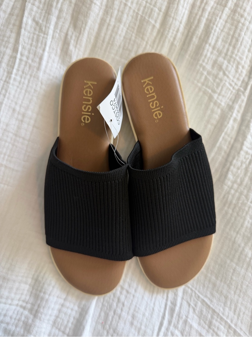 kensie Black Ribbed Slide Sandals with Tan Footbed - Picture 3 of 7